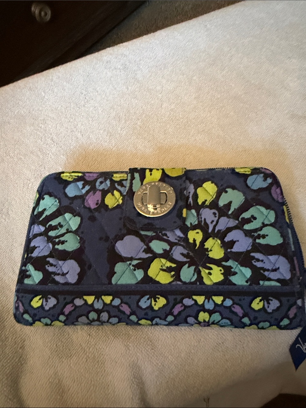 Vera Bradley Navy Floral Quilted Zip-Around Wallet with Lime & Aqua Accents